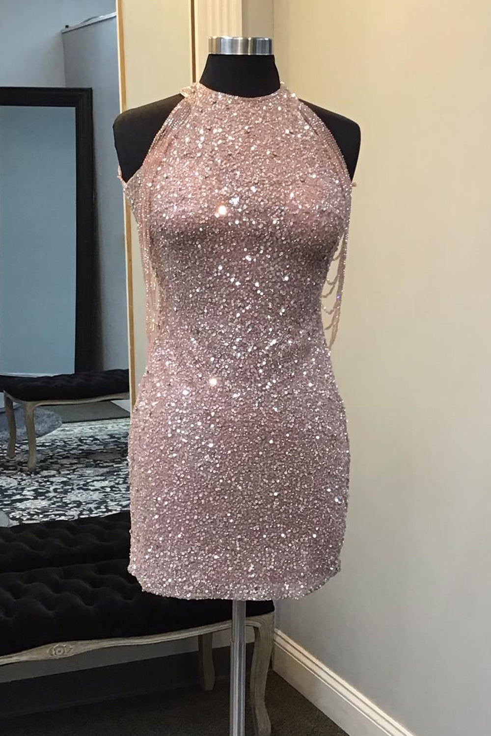 Champagne Homecoming Dresses Sequin Round Neck Tight Short Cocktail Dresses with Fringes