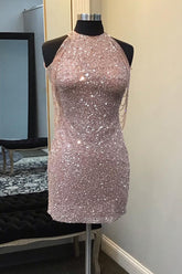 Champagne Homecoming Dresses Sequin Round Neck Tight Short Cocktail Dresses with Fringes