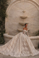 Champagne Lace A Line Wedding Dress with Off Shoulder Long Sleeves