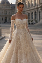 Champagne Lace A Line Wedding Dress with Off Shoulder Long Sleeves