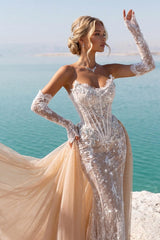 Champagne Lace Mermaid Wedding Dress with Detachable Sleeves and Overskirt
