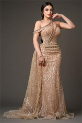 Champagne Mermaid Prom Dress Cap Sleeve Asymmetric Neck Formal Dress With Beadings and Rhinestones