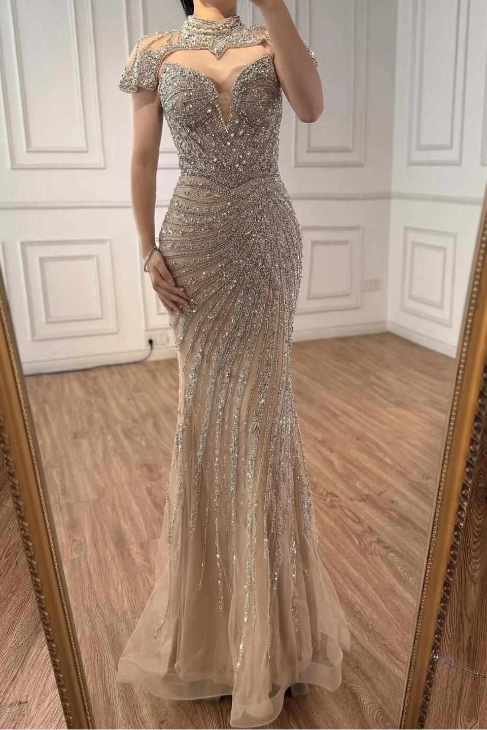 Champagne Mermaid Prom Dress Cap Sleeve High Neck Formal Dress With Sequins
