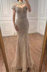 Champagne Mermaid Prom Dress Cap Sleeve High Neck Formal Dress With Sequins