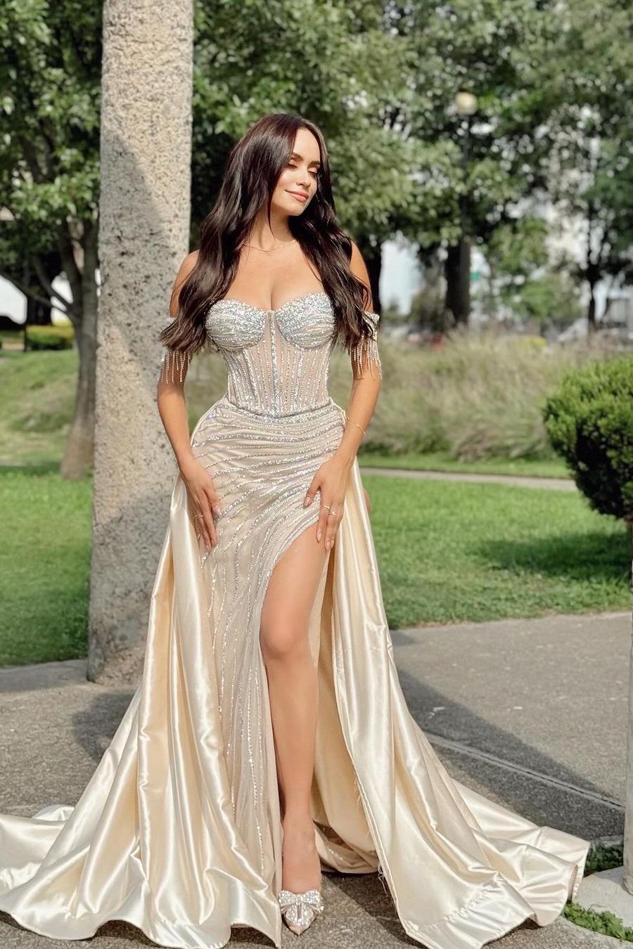 Champagne Mermaid Prom Dress Cap Sleeve Off the Shoulder Formal Dress With Beadings