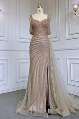 Champagne Mermaid Prom Dress Cap Sleeve Straps Formal Dress With Beadings and Rhinestones