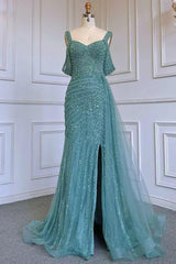 Champagne Mermaid Prom Dress Cap Sleeve Straps Formal Dress With Beadings and Rhinestones