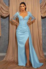 Champagne Mermaid Prom Dress Long Sleeve Crew Neck Formal Dress With Lace Appliques