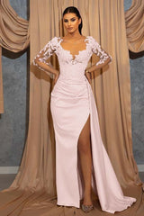 Champagne Mermaid Prom Dress Long Sleeve Crew Neck Formal Dress With Lace Appliques