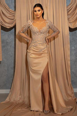 Champagne Mermaid Prom Dress Long Sleeve Crew Neck Formal Dress With Lace Appliques