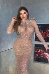 Champagne Mermaid Prom Dress Long Sleeve High Neck Formal Dress With Sequins
