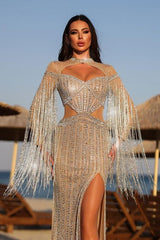 Champagne Mermaid Prom Dress Long Sleeve Keyhole Neck Formal Dress With Beadings and Rhinestones