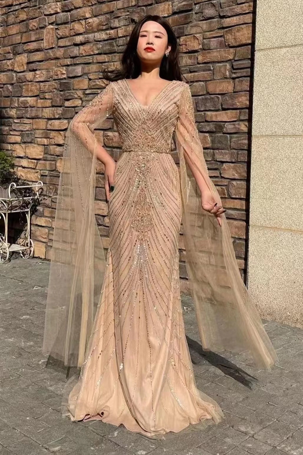 Champagne Mermaid Prom Dress Long Sleeve V Neck Formal Dress With Sequins