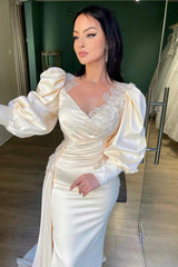 Champagne Mermaid Prom Dress Puff Long Sleeve Crew Neck Formal Dress With Lace Appliques
