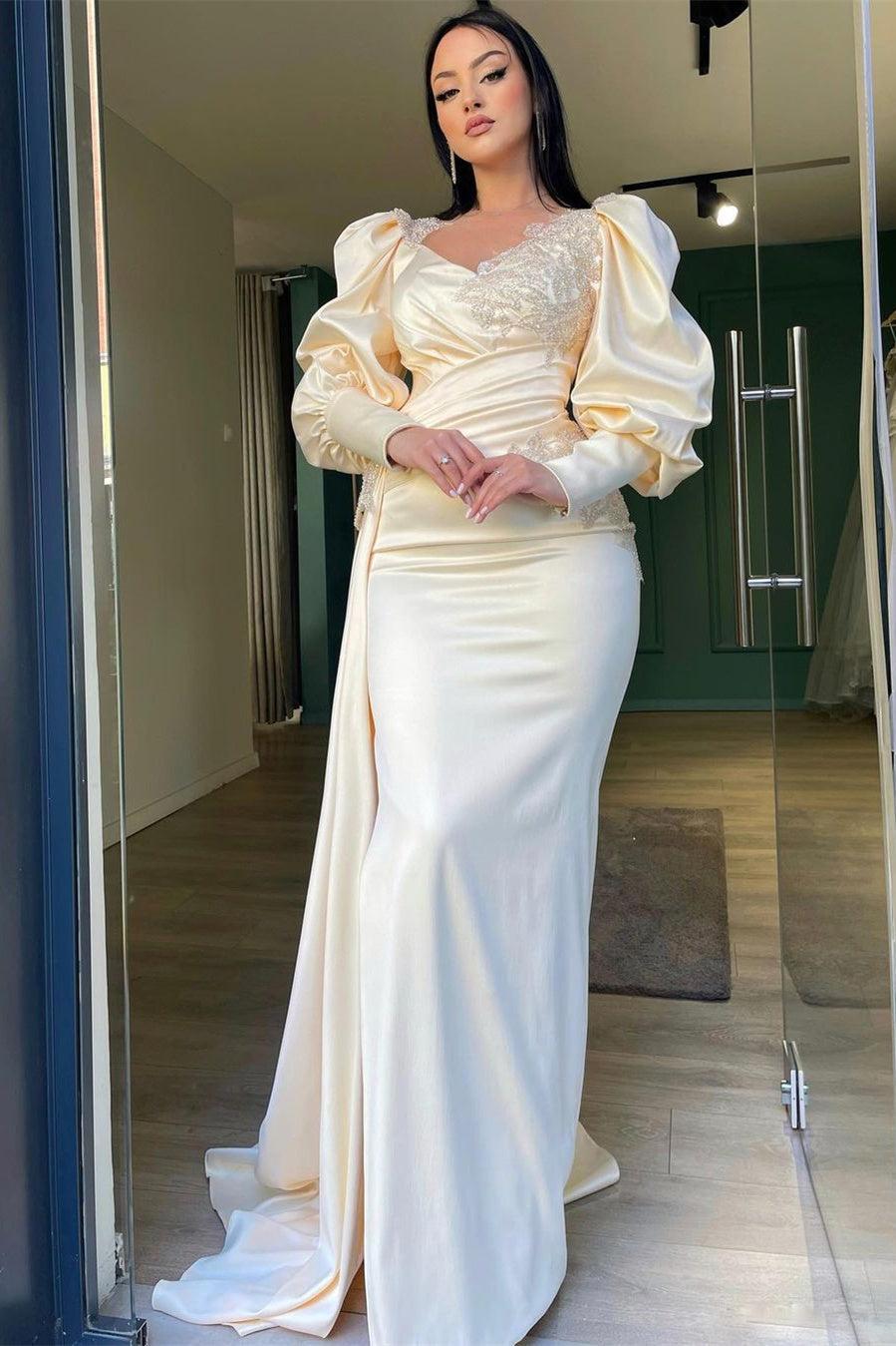 Champagne Mermaid Prom Dress Puff Long Sleeve Crew Neck Formal Dress With Lace Appliques