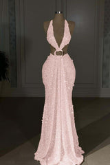 Champagne Mermaid Prom Dress Sleeveless Halter Neck Sequined Formal Dress