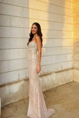 Champagne Mermaid Prom Dress Sleeveless Strapless Formal Dress With Sequins