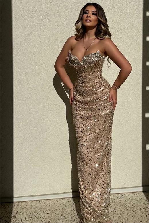 Champagne Mermaid Prom Dress Sleeveless Sweetheart Formal Dress With Sequins