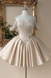 Champagne Pearl Beaded Sheer Corset Homecoming Dress with Satin Ball Gown Skirt