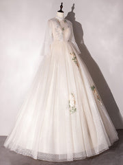 Champagne Prom Dress A Line Tulle Lace Long Formal Dress Evening Dress