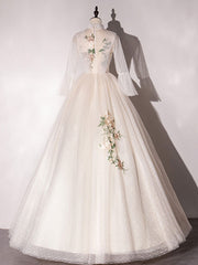 Champagne Prom Dress A Line Tulle Lace Long Formal Dress Evening Dress