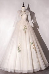 Champagne Prom Dress A Line Tulle Lace Long Formal Dress Evening Dress