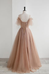 Champagne Prom Dress A Line Tulle Lace Long Formal Evening Dress