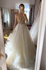 Champagne Prom Dress A Line Tulle Lace Long Formal Evening Dress