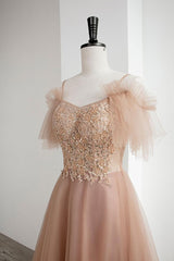Champagne Prom Dress A Line Tulle Lace Long Formal Evening Dress