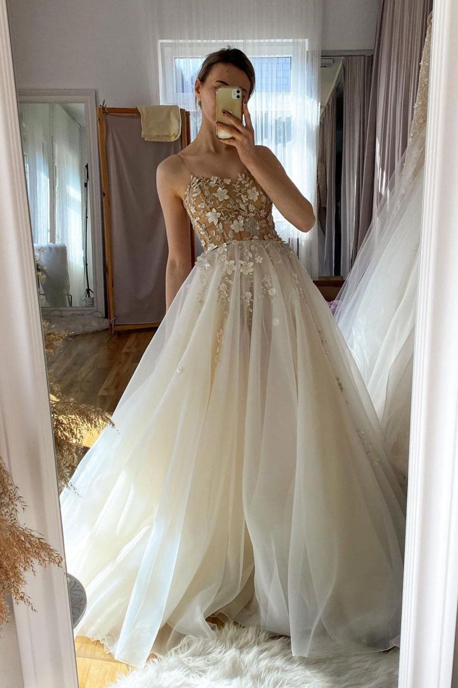 Champagne Prom Dress A Line Tulle Lace Long Formal Evening Dress