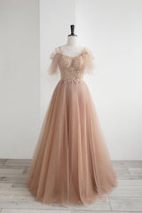 Champagne Prom Dress A Line Tulle Lace Long Formal Evening Dress