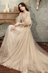 Champagne Prom Dress A Line Tulle Lace Long Formal Graduation Dress Evening Dress