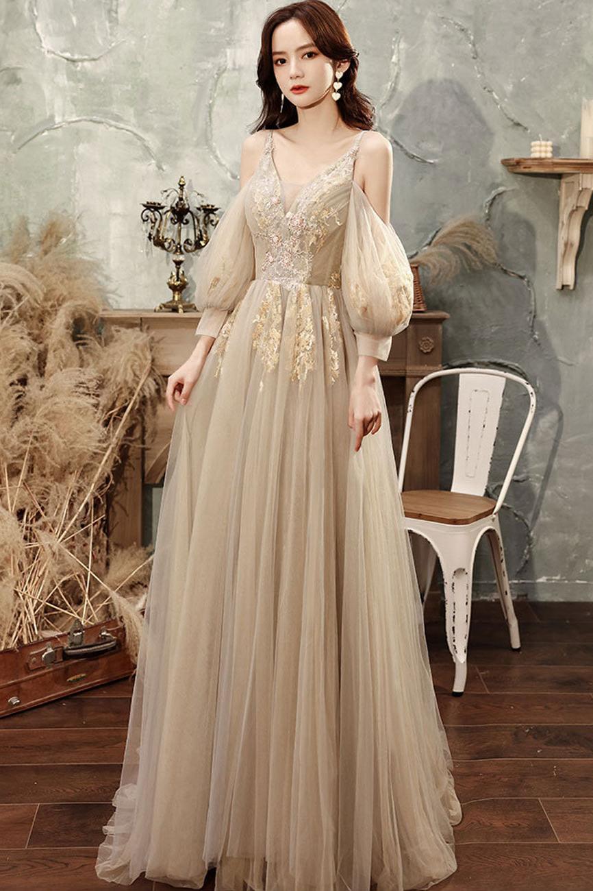 Dressystars Champagne Prom Dress A Line Tulle Lace Long Formal Graduation Dress Evening Dress Dressystars Champagne Prom Dress A Line Tulle Lace Long Formal Graduation Dress Evening Dress