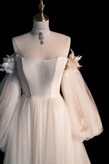 Champagne Prom Dress A Line Tulle Long Sleeves Formal Evening Dress