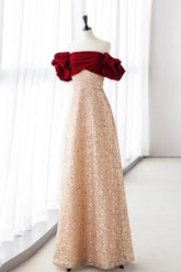Champagne Prom Dress A Line Velvet Long Tulle Sequin Formal Gown Evening Dress