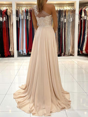 Champagne Prom Dress Chiffon Lace One Shoulder Long Formal Gown Evening Dress