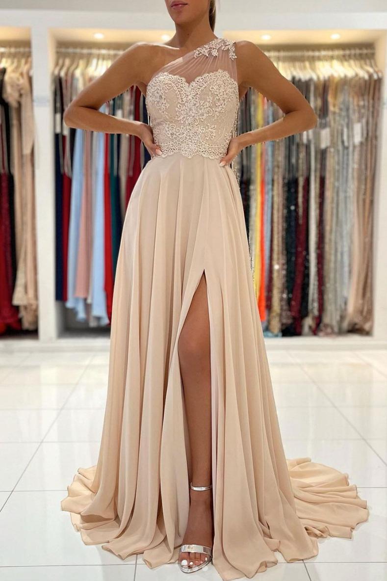 Champagne Prom Dress Chiffon Lace One Shoulder Long Formal Gown Evening Dress