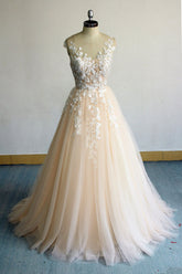 Champagne Prom Dress Crew Neck Tulle Lace Long Formal Evening Dress