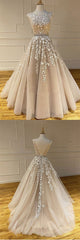 Champagne Prom Dress Crew Neck Tulle Lace Long Formal Gown Evening Dress