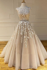 Champagne Prom Dress Crew Neck Tulle Lace Long Formal Gown Evening Dress