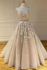 Champagne Prom Dress Crew Neck Tulle Lace Long Formal Gown Evening Dress