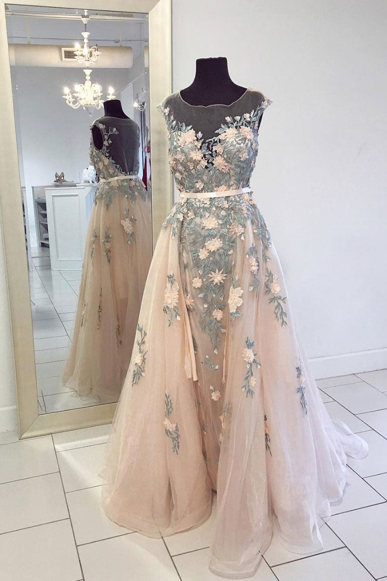 Champagne Prom Dress Crew Neck Tulle Lace Long Formal Gown Evening Dress