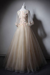 Champagne Prom Dress Crew Neck Tulle Long Formal Evening Dress