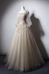 Champagne Prom Dress Crew Neck Tulle Long Formal Evening Dress