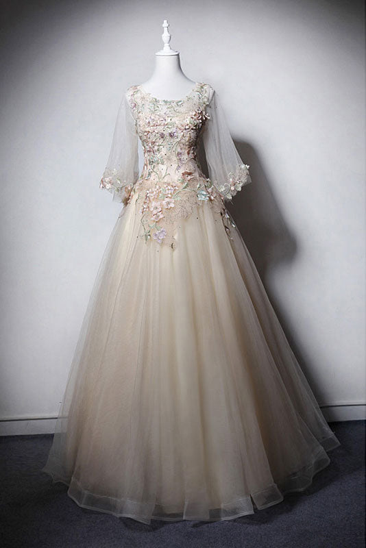 Champagne Prom Dress Crew Neck Tulle Long Formal Evening Dress