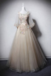 Champagne Prom Dress Crew Neck Tulle Long Formal Evening Dress