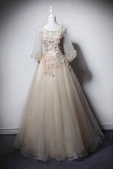 Champagne Prom Dress Crew Neck Tulle Long Formal Evening Dress