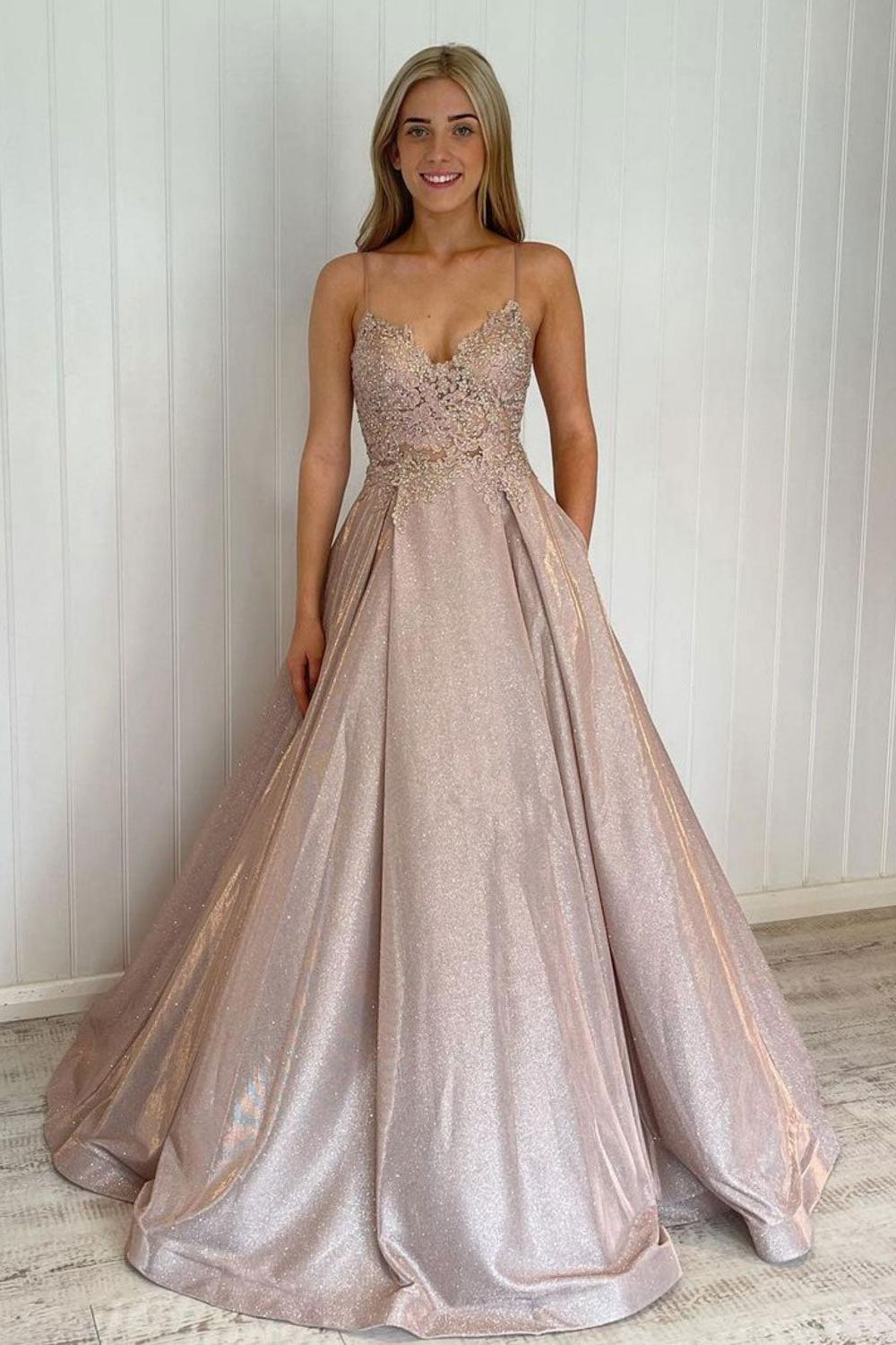 Champagne Prom Dress Lace A Line Satin Long Evening Dress