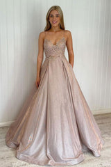 Champagne Prom Dress Lace A Line Satin Long Evening Dress