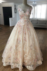 Champagne Prom Dress Lace Appliques e Tulle Long Formal Evening Dress